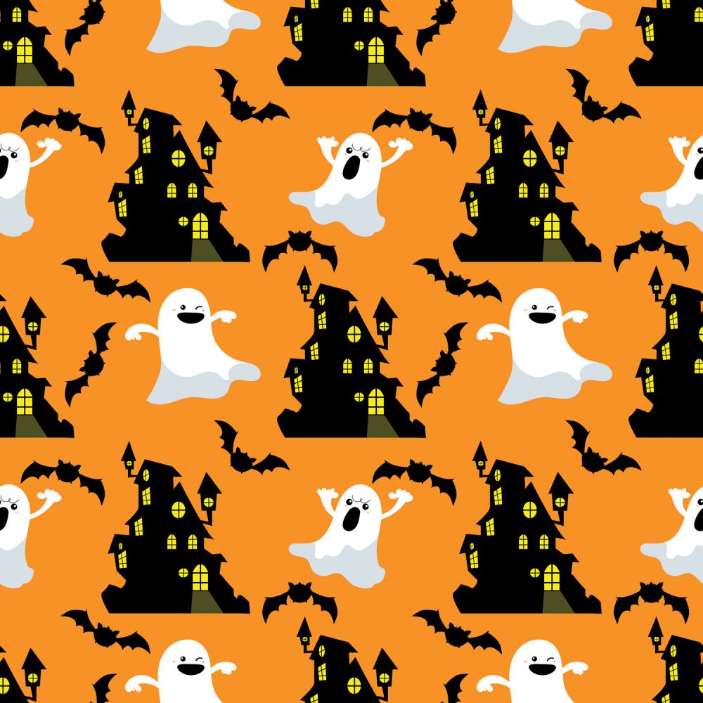 45 x 36 Halloween Ghosts and Haunted House on Orange 100% Cotton Fabric
