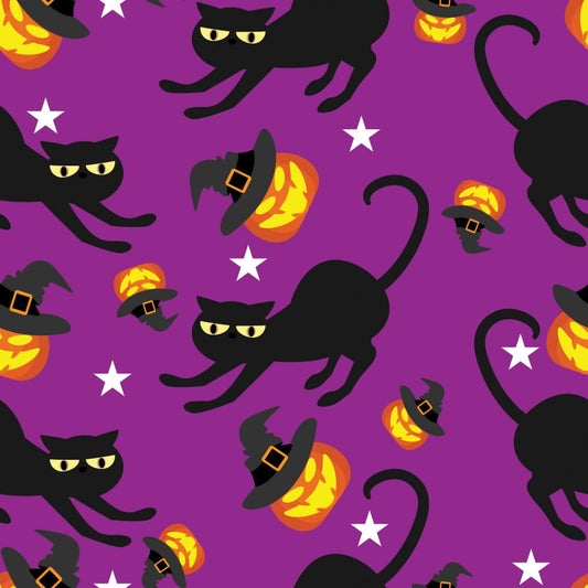 45 x 36 Halloween Spooky Black Cats and Tossed Pumpkins on Purple 100% Cotton Fabric