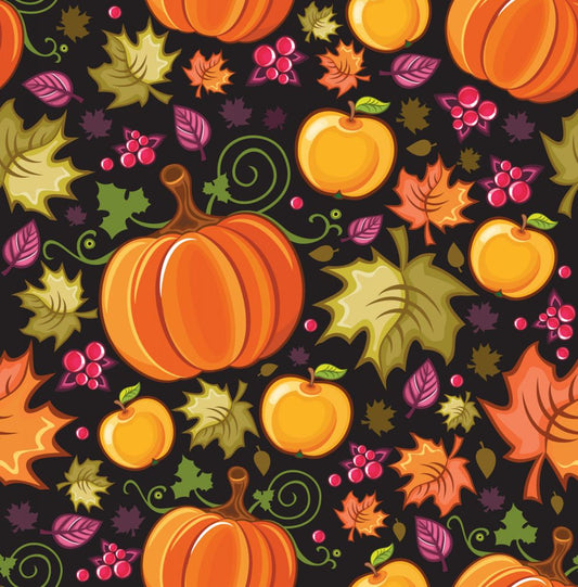 45 x 36 Fall Autumn Thanksgiving Pumpkins and Leaves on Black 100% Cotton Fabric