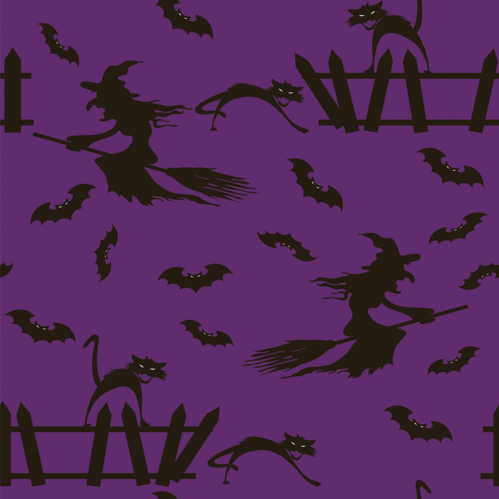 45 x 36 Halloween Flying Witches Bats and Scary Cats on Purple 100% Cotton Fabric