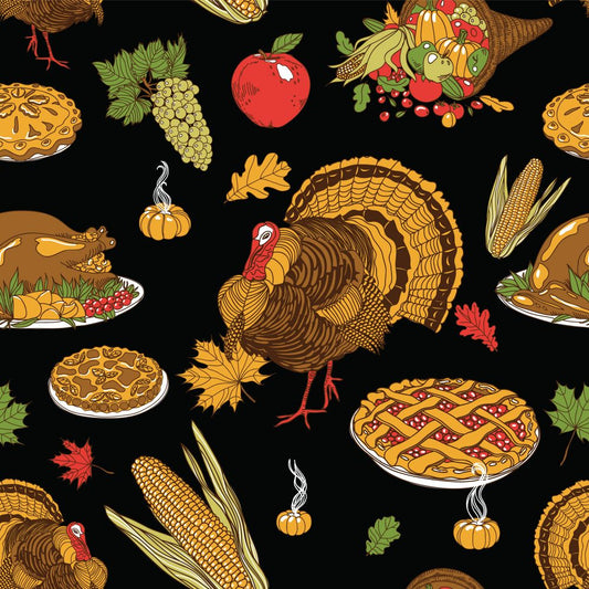 45 x 36 Fall Autumn Thanksgiving Turkey Pie Gourds Corn Pie on Black 100% Cotton Fabric