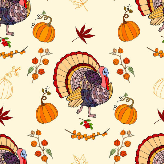 45 x 36 Fall Autumn Thanksgiving Turkey and Pumpkins on Cream 100% Cotton