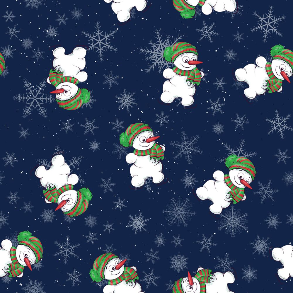 Christmas Cheery Snowmen on Ice Skates on Blue 100% Cotton Fabric