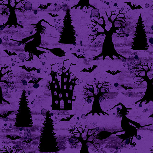 45 x 36 Halloween Flying Witches Bats and Haunted Houses on Purple 100% Cotton Fabric