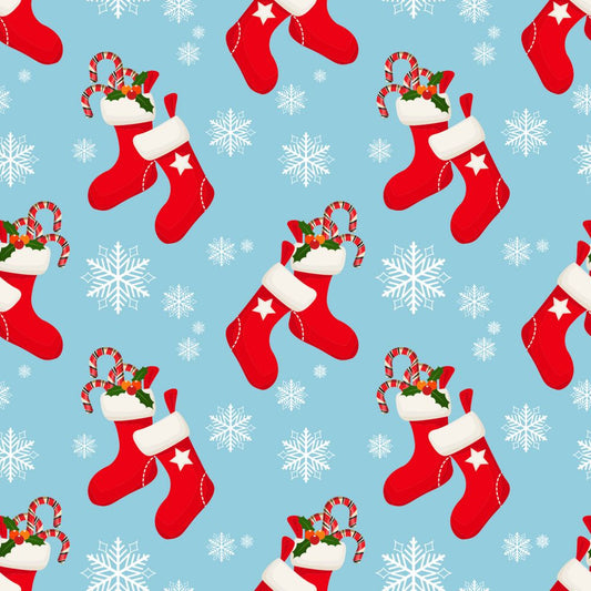 45 x 36 Christmas Red Stockings and Candy Canes on Light Blue 100% Cotton