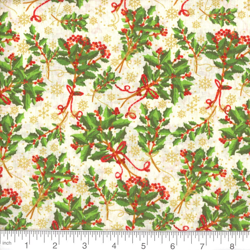 Christmas Holly and Gold Metallic Snowflakes on Ivory
