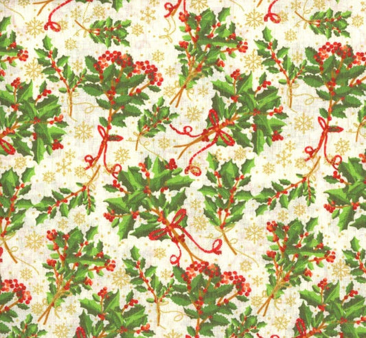 Christmas Holly and Gold Metallic Snowflakes on White Ivory