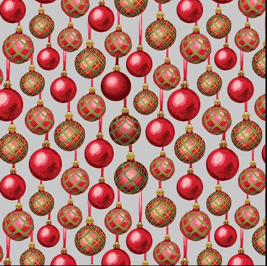 44 x 36 Ornaments Pewter Benartex Christmas Metallic 100% Cotton Fabric