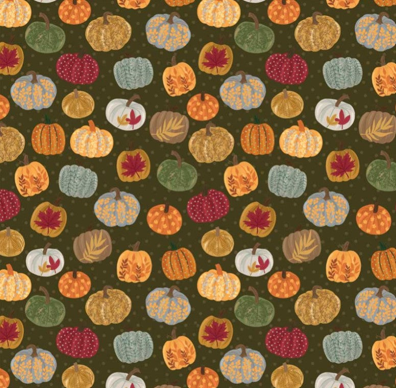 Thanksgiving Harvest Minis Patterned Pumpkins on Green  Price per Yard