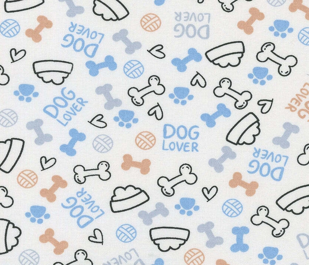 Dog Lover Dishes Hearts Paws and Bones Periwinkle 100% Cotton Fabric