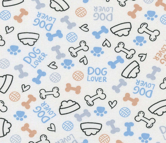 Dog Lover Dishes Hearts Paws and Bones Periwinkle 100% Cotton Fabric
