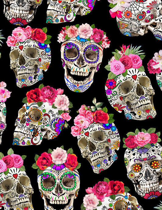 45 x 36 Timeless Treasures Fabrics Esperanza Day Of The Dead Skulls With Flower Crowns Black 100% Cotton Fabric Halloween
