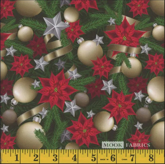 44 x 36 Gold Ornaments and Ribbons Christmas 100% Cotton Fabric