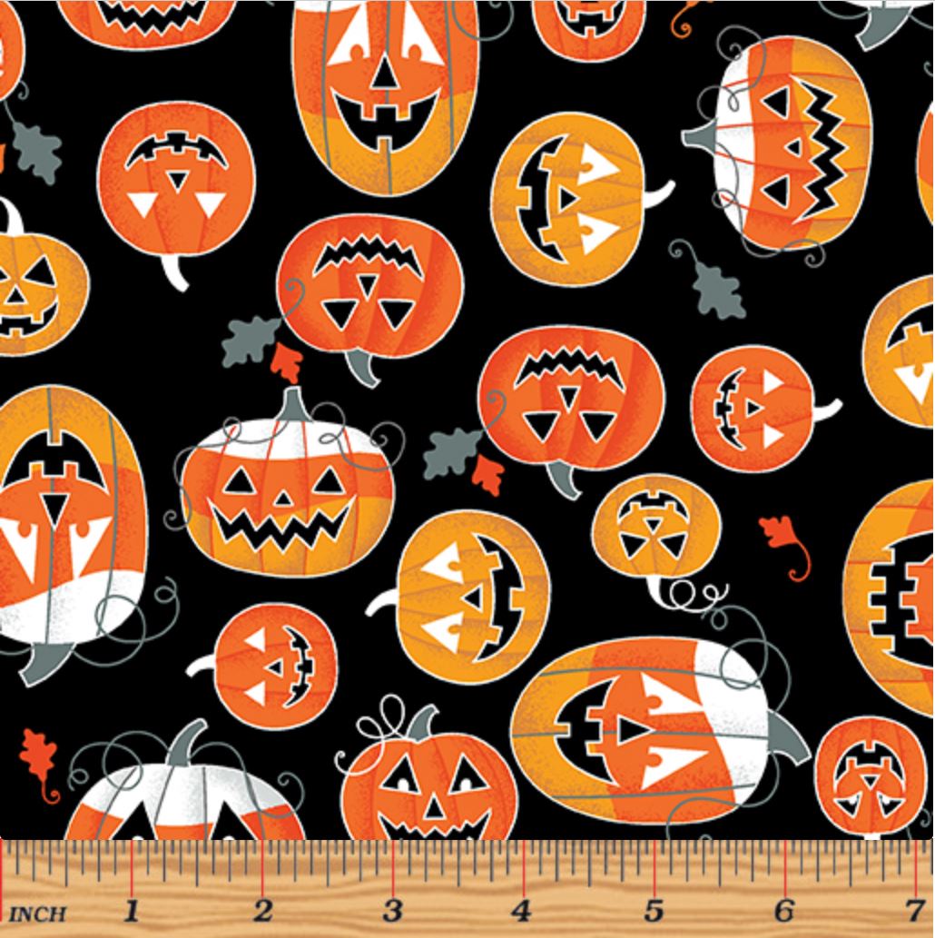 44 x 36 Glow in the Dark Pumpkins on Black Halloween Benartex 100% Cotton Fabric