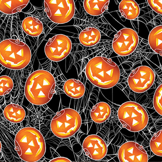44 x 36 Glow in the Dark Pumpkins and Spiderwebs on Black Halloween Benartex 100% Cotton Fabric