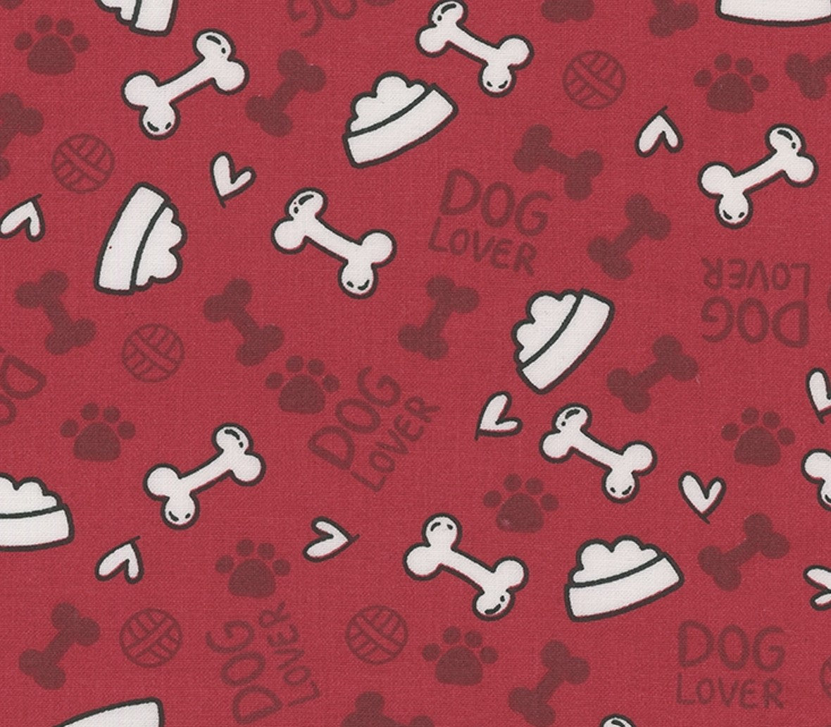 Dog Lover Dishes Hearts Paws and Bones Red 100% Cotton Fabric