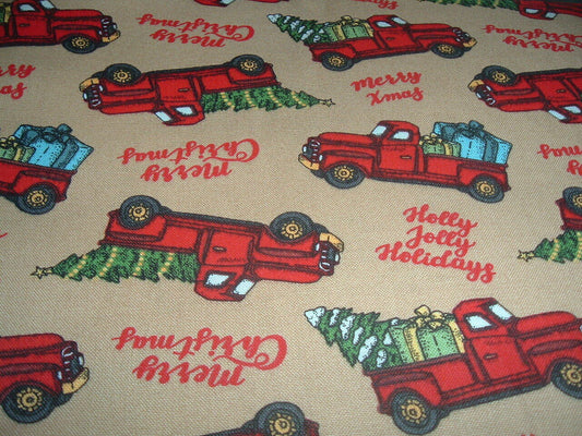 45 x 36 Christmas Red Truck Gifts Trees on Tan 100% Cotton Fabric
