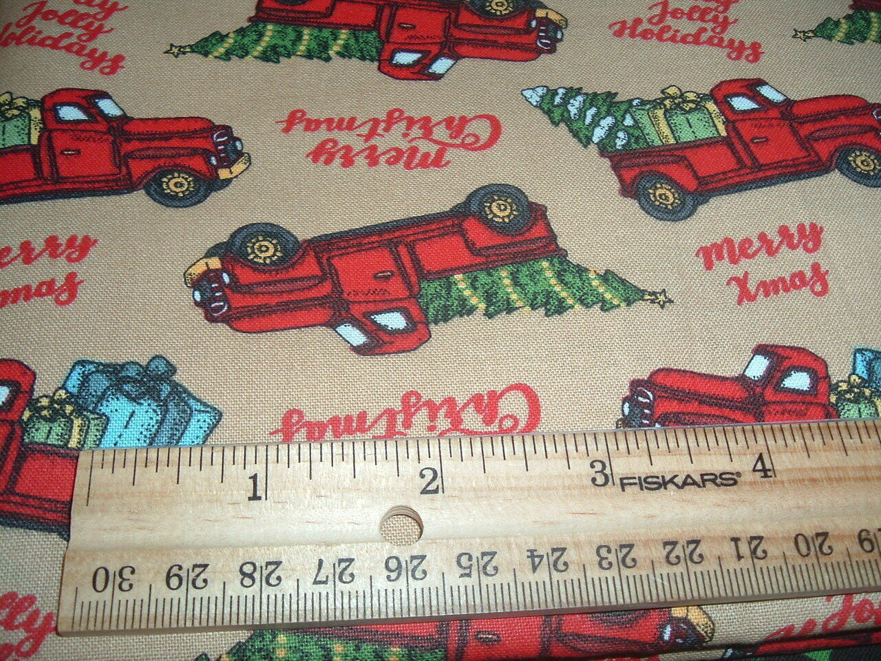 45 x 36 Christmas Red Truck Gifts Trees on Tan 100% Cotton Fabric