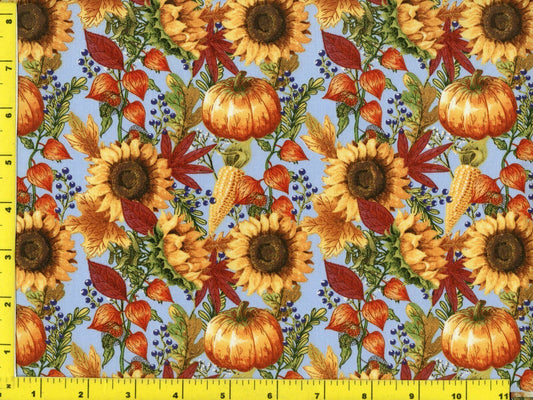 44 x 36 Pumpkins and Sunflowers on Light Blue Fall Autumn Thanksgiving 100% Cotton Fabric