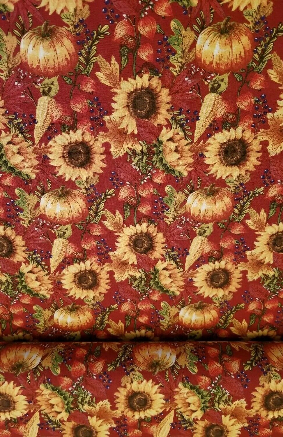 45 x 36 Pumpkins and Sunflowers on Burgundy Fall Autumn Thanksgiving 100% Cotton Fabric