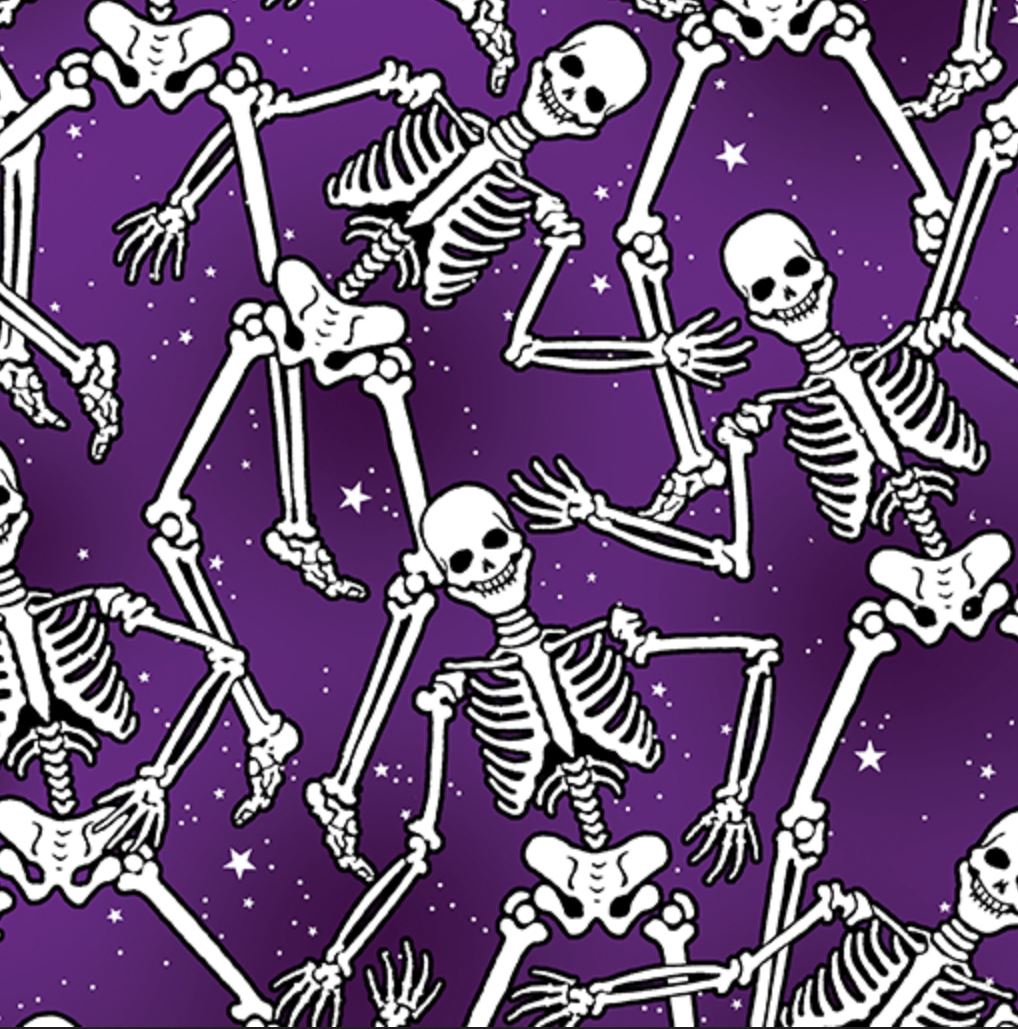 44 x 36 Glow in the Dark Large Skeletons on Purple Halloween Benartex 100% Cotton Fabric