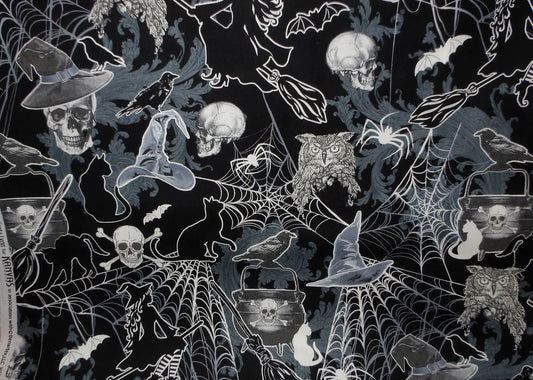 44 x 36 Glow in the Dark Large Owls Skulls on Black Halloween Benartex 100% Cotton Fabric