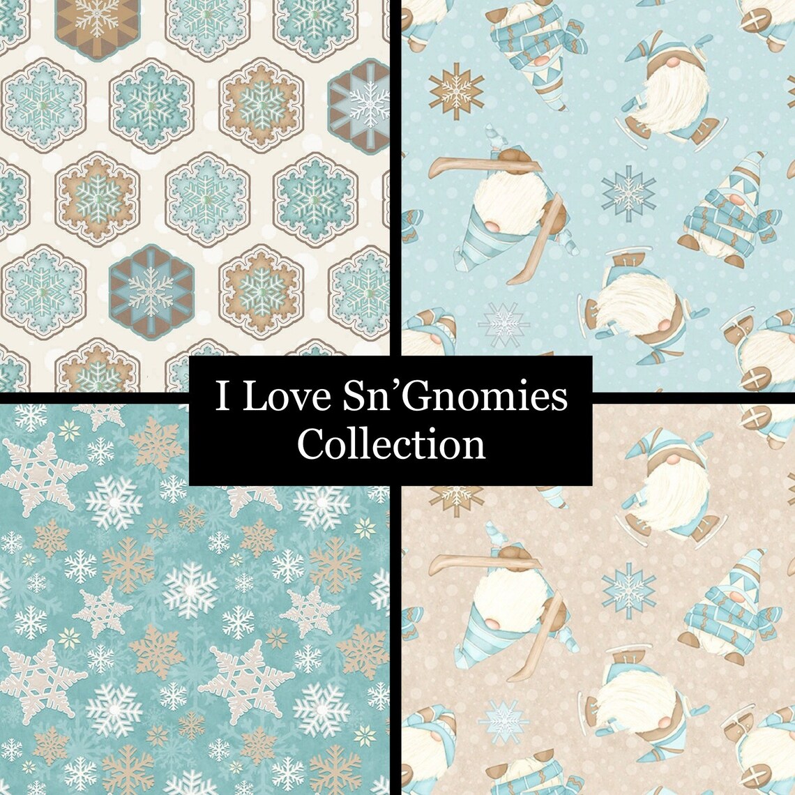 44 x 36 Flannel Gnomes Skiing Aqua Blue I Love Sn’Gnomies Henry Glass Christmas 100% Cotton
