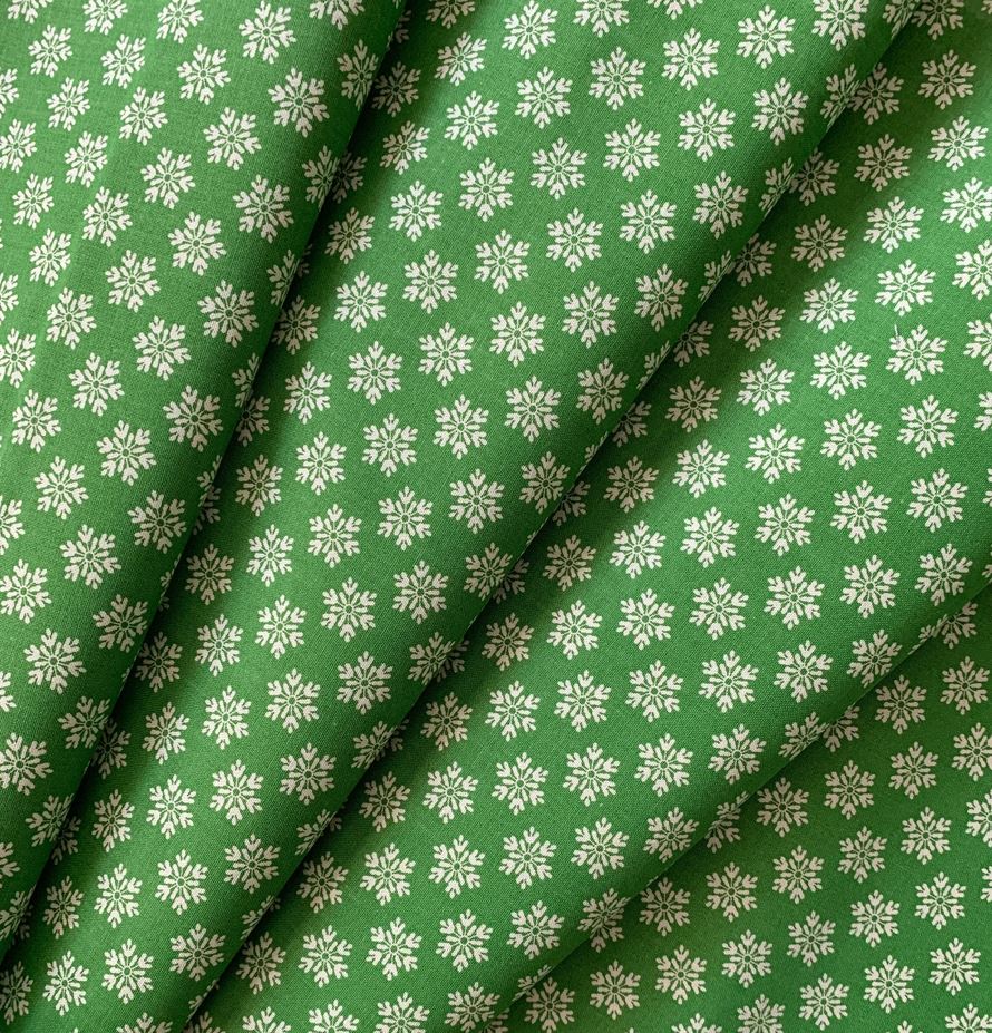 45 x 36 Christmas Snowflakes on Green 100% Cotton Fabric