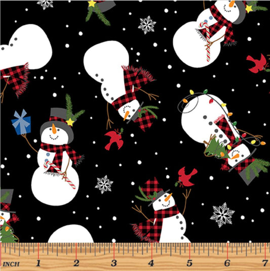 44 x 36 Jolly Snowmen on Black Benartex Christmas 100% Cotton Fabric