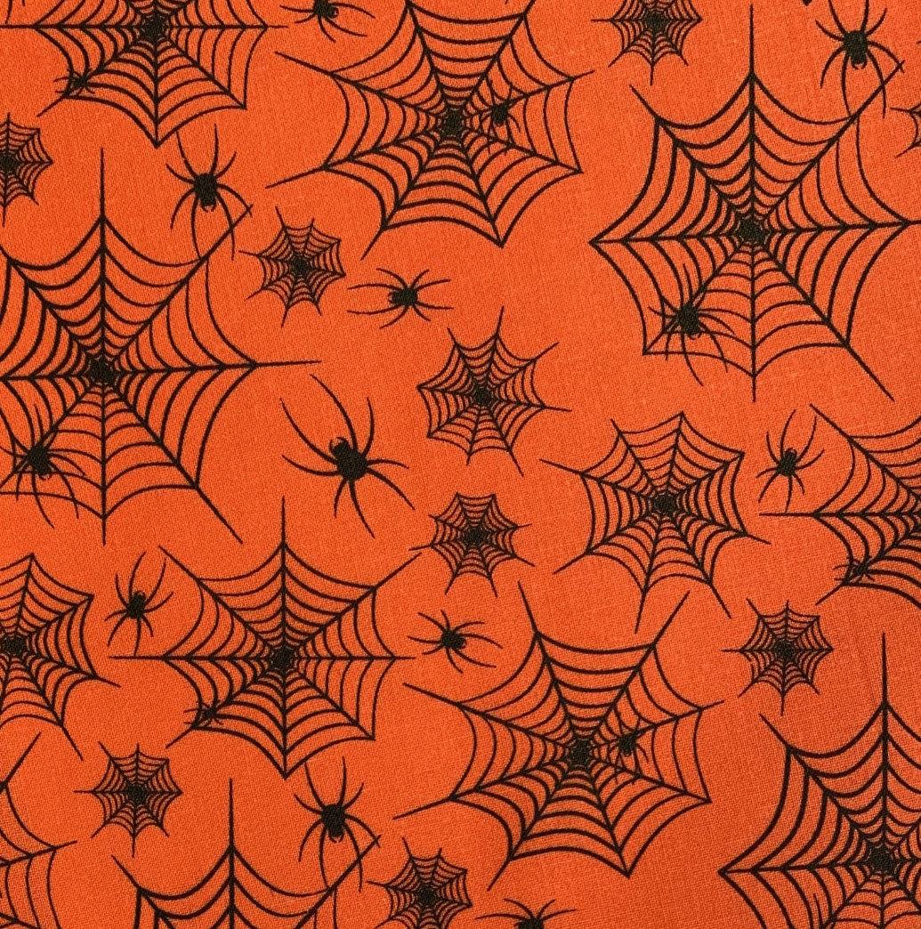 Halloween Black Spiderwebs and Spiders on Orange 100% Cotton Fabric Price Per Yard