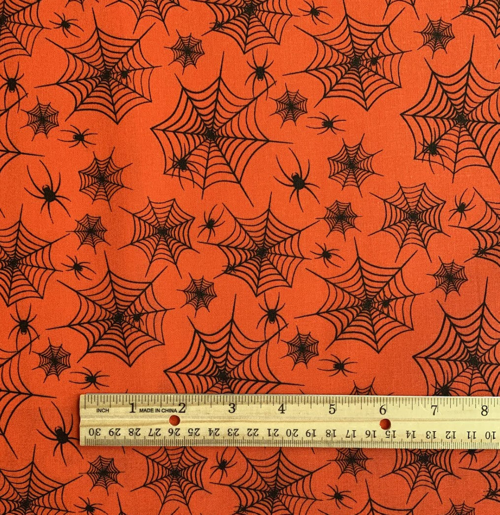 Halloween Black Spiderwebs and Spiders on Orange 100% Cotton Fabric Price Per Yard