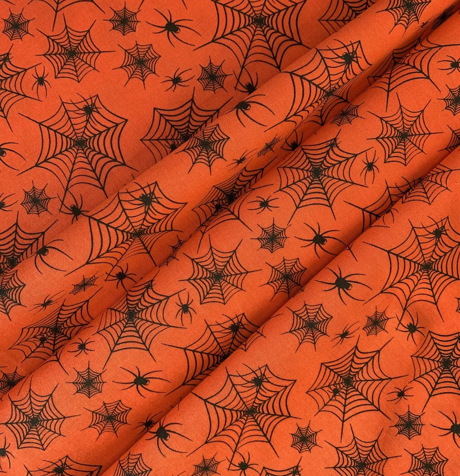 Halloween Black Spiderwebs and Spiders on Orange 100% Cotton Fabric Price Per Yard