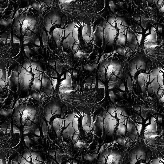 A piece of fabric featuring a repeated pattern of spooky, dead trees in black and gray tones, indicative of a Halloween theme.