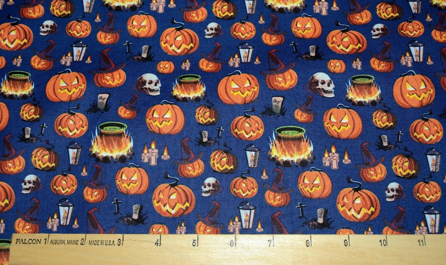 Halloween Spooky Smiling Pumpkin and Skulls on Blue 100% Cotton Fabric