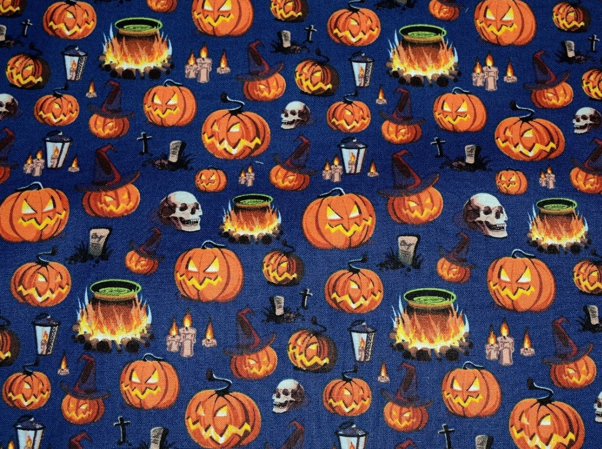 Halloween Spooky Smiling Pumpkin and Skulls on Blue 100% Cotton Fabric