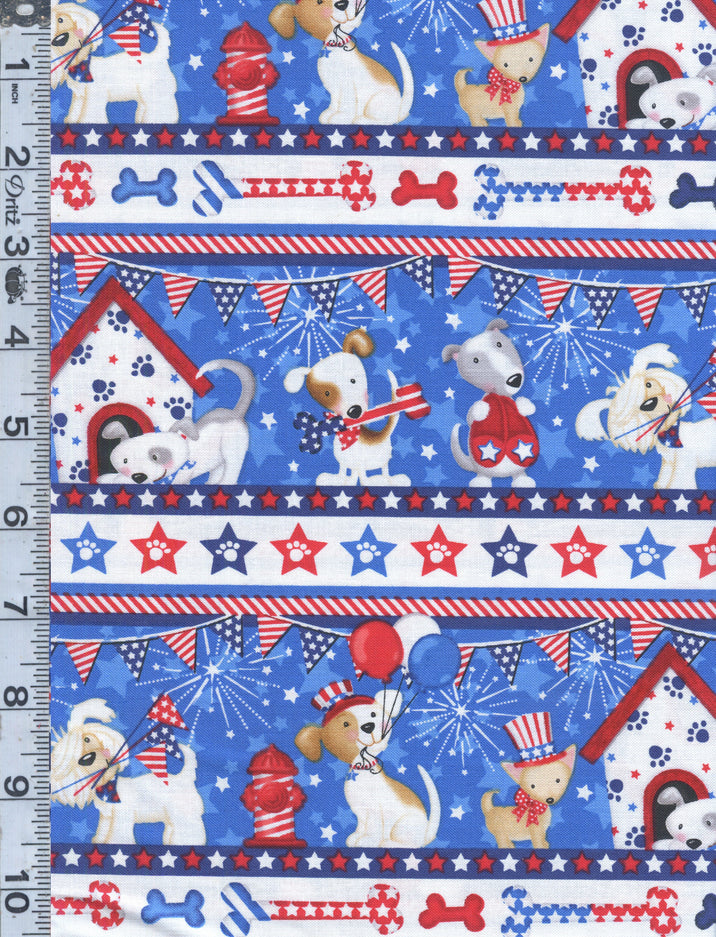 Studio E Patriotic Pooch Border Stripe Blue Dogs Price per Yard