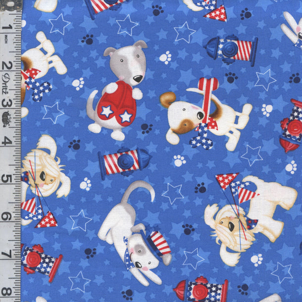 Studio E Patriotic Pooch  Tossed Pups and Fire Hydrants on Blue Dogs Price per Yard