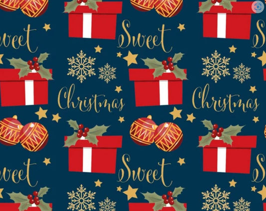 45 x 36 Christmas Gifts Ornaments Sweet Christmas on Blue 100% Cotton Fabric