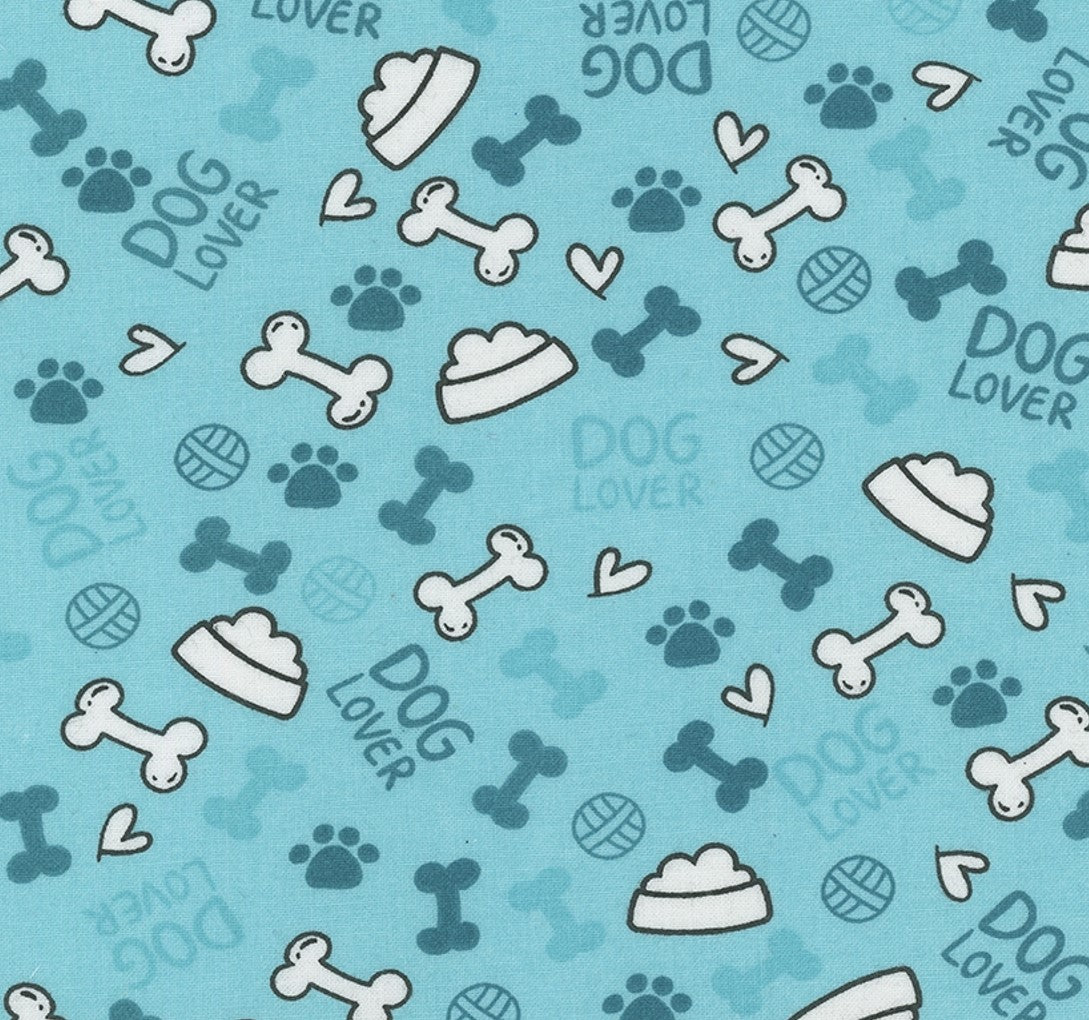 Dog Lover Dishes Hearts Paws and Bones Teal 100% Cotton Fabric