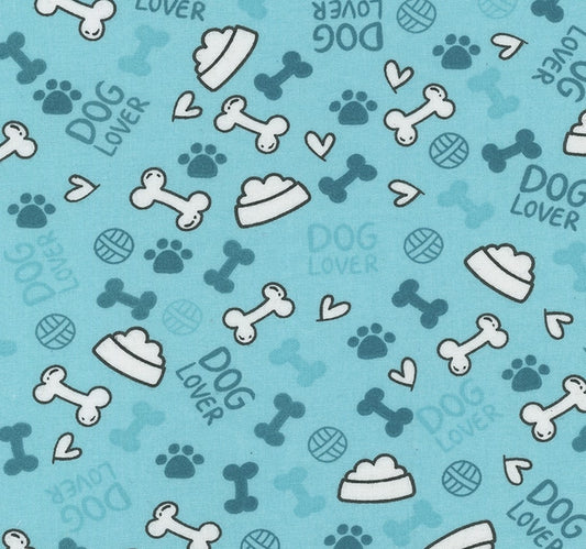 Dog Lover Dishes Hearts Paws and Bones Teal 100% Cotton Fabric