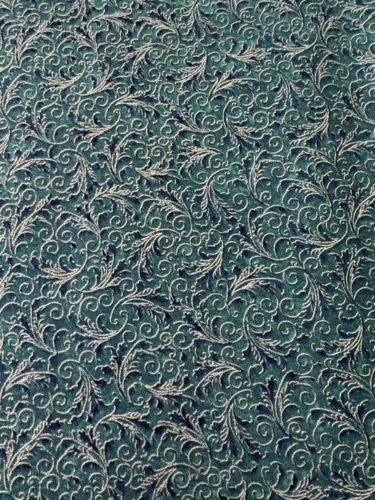 Hi Fashion Christmas Gold Scroll on Green Metallic 100% Cotton Fabric Price Per Yard