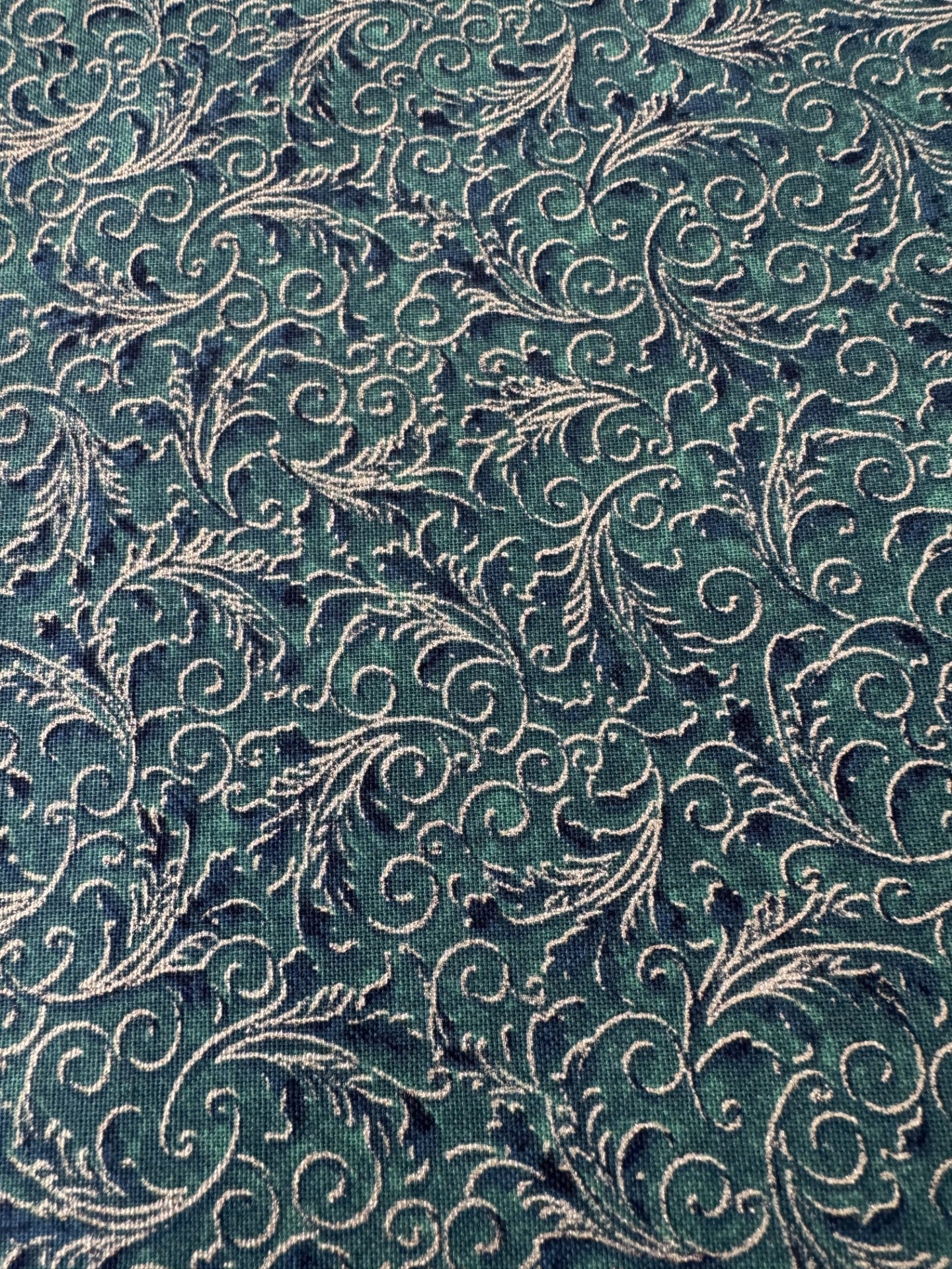 Hi Fashion Christmas Gold Scroll on Green Metallic 100% Cotton Fabric Price Per Yard