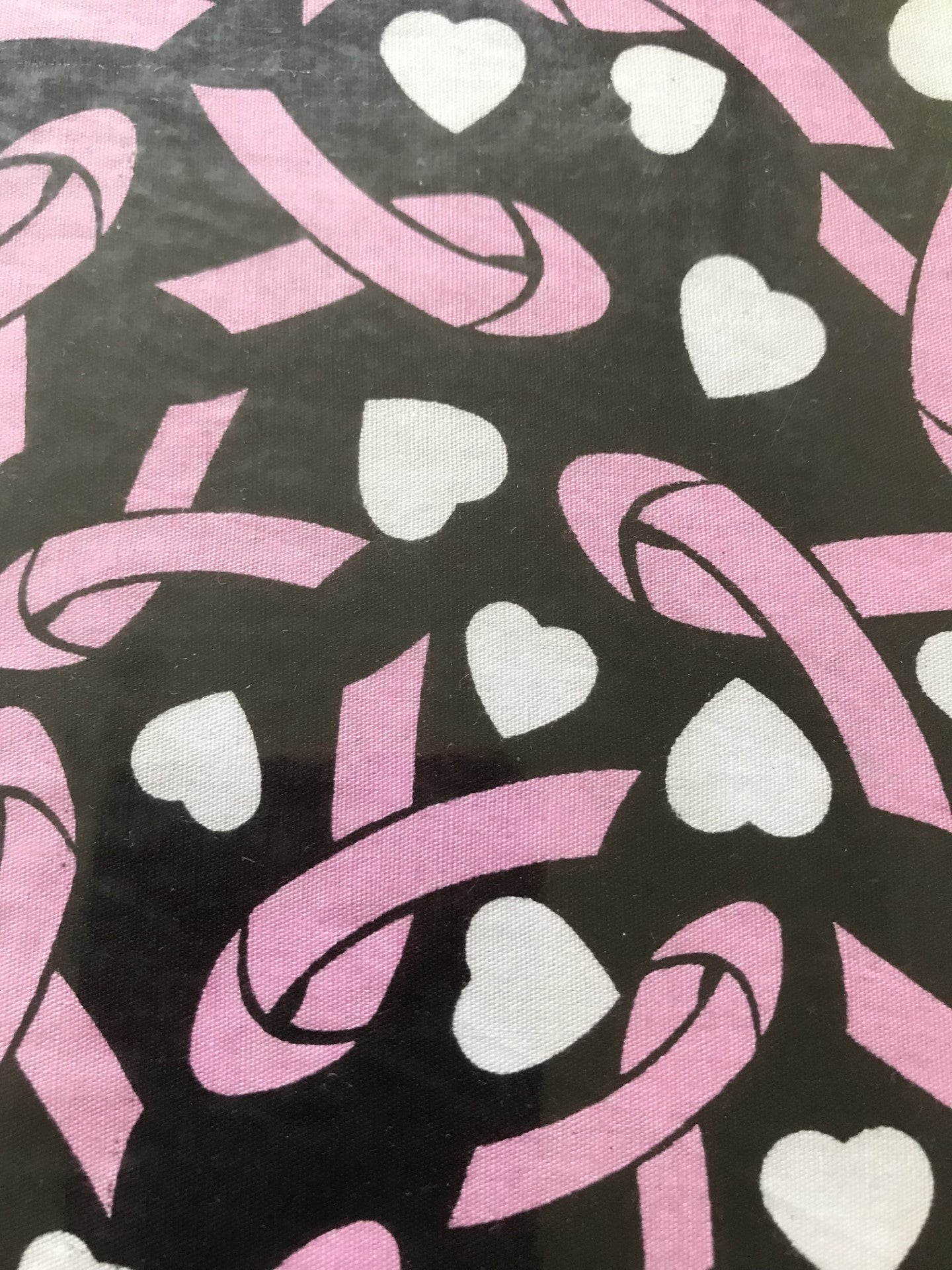 44 x 36 Cancer Awareness Hearts and Ribbons on Black Fabric 100% Cotton
