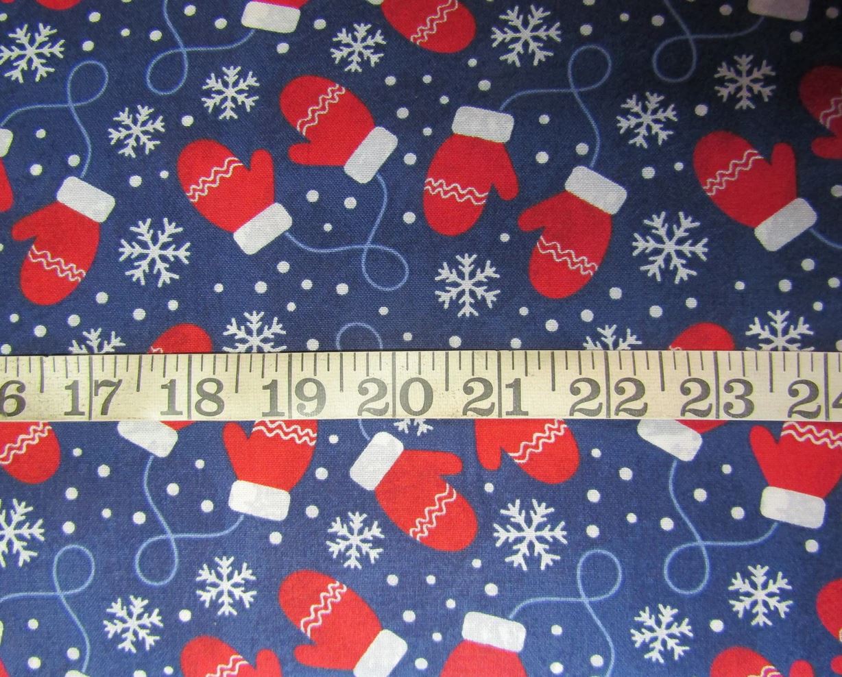 45 x 36 Christmas Red Mittens and Snowflakes on Blue 100% Cotton Fabric