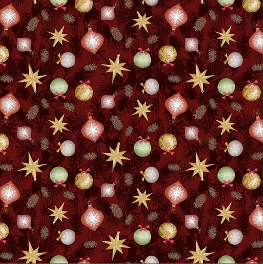 44 x 36 Christmas Ornaments on Wine 100% Cotton
