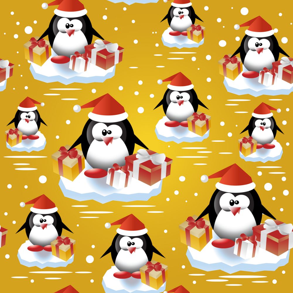 44 x 36 Christmas Penguins with Presents on Gold 100% Cotton Fabric By the Yard