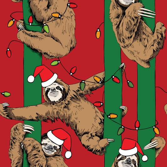 44 x 36 Sloths Stringing Christmas Lights on Red 100% Cotton Christmas
