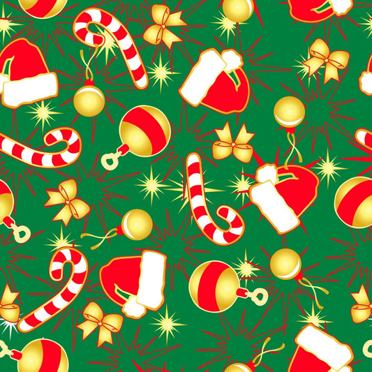 45 x 36 Christmas Gold and Red Balls Bows and Hats on Green 100% Cotton Fabric