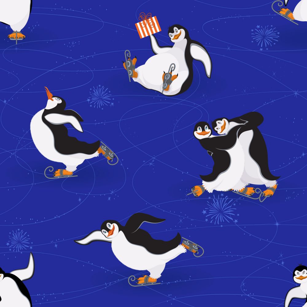 45 x 36 Christmas Ice Skating Penguins on Blue 100% Cotton Fabric By the Yard