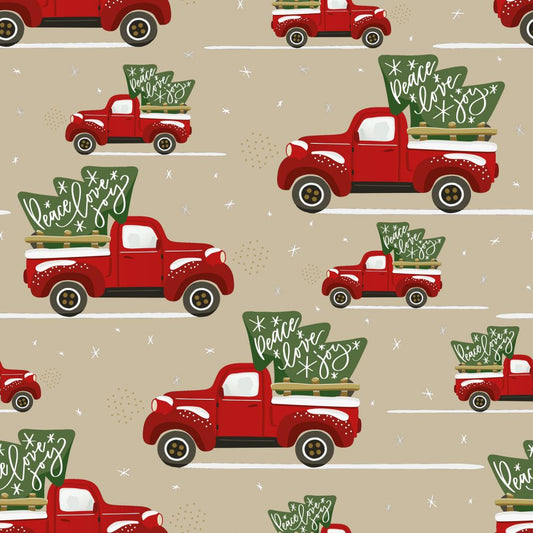 Christmas Fabric Peace Love Joy in Vintage Red Truck on Tan 100% Cotton By the Yard